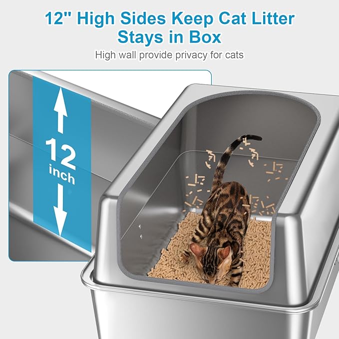 12'' High Sides XL All Stainless Steel Cat Litter Box with Lid,Deep Metal Litter Box for Big Cats,Extra Large Litter Boxes with High Wall Enclosure,Anti-Leakage,Never Absorbs Odors,Non-Sticky Surface-Mewly Pet