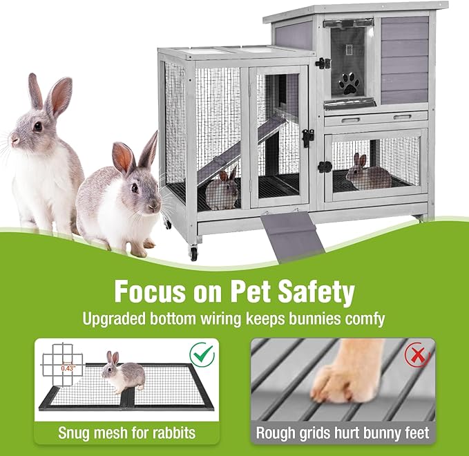 GUTINNEEN Indoor Rabbit Hutch Guinea Pig Cages with Chew-Proof Ramp, 2-Story Wooden Bunny House with Pull-Out Tray & Lockable Caster Wheels, Small Animal Cage for 2-4 Rabbits & Guinea Pigs (Grey)-Mewly Pet