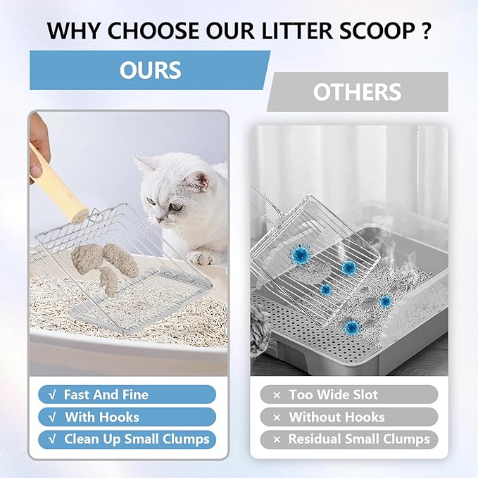 Litter Scooper, Metal Litter Scoop, Pooper Scooper with Wooden Handle, Cat Litter Scoop, Metal Scooper & Speed Sifter Deep Shovel Scoop Filter,Kitten Pooper Lifter for Litter Box-Mewly Pet