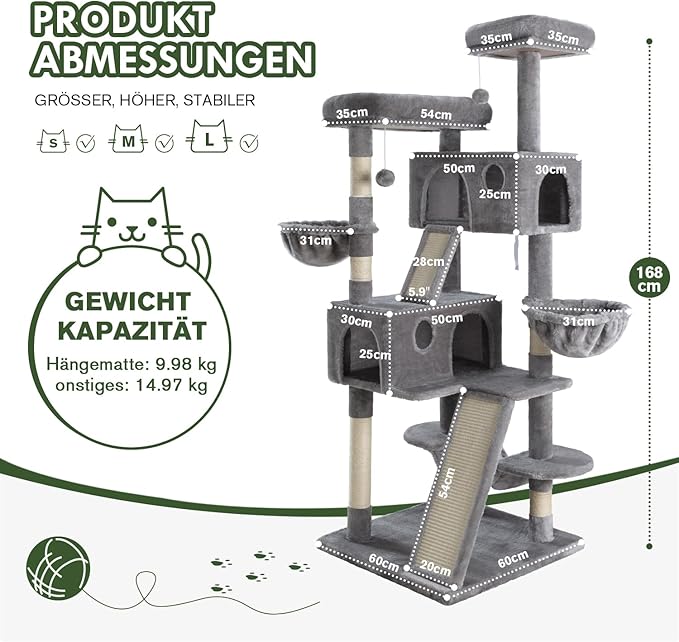 MUTICOR 66 Inches Multi-Level Large Cat Tree Tower for Indoor Big Feline/Cozy Plush Perches/Condo/Sisal Scratching Posts/Hammock and Baskets/Activity Center Play House/Wide Base/Dark Grey-Mewly Pet