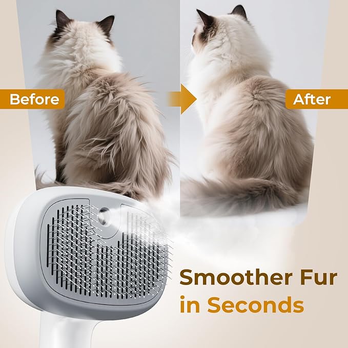 Pecute Steam Cat Brush, Self-Cleaning Cat Steam Brush with 2 Water Spray Modes, Large Capacity Tank, Dog Brush for Shedding Massaging Grooming, Cool Mist Only-Mewly Pet