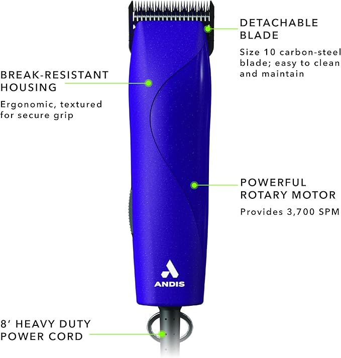 Andis 24820 EasyClip Professional-Animal 7-Piece Detachable Ceramic Blade Clipper Kit, Frustration Free Packaging, Corded Electric, Purple-Mewly Pet