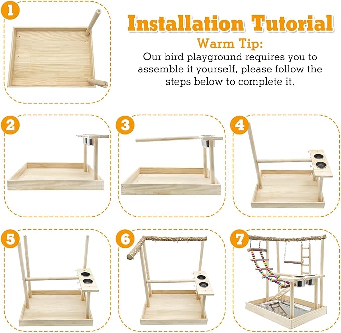 Hamiledyi Bird Playground Parrots Wood Perch Stand Cockatiel Playground Bird Play Gym Colours Climb Ladders Swing Chewing Toys with Parakeet Feeding Cups Exercise Activity Center for Lovebirds Conure-Mewly Pet
