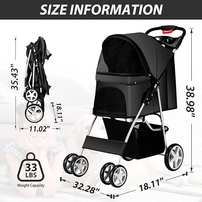 4 Wheels Pet Stroller for Small Medium Dogs Cats 10-33 lbs, Foldable Dog and Cat Stroller with Cup Holder & Storage Basket & Breathable Mesh, Pet Strolling Cart for All-Season, Black-Mewly Pet
