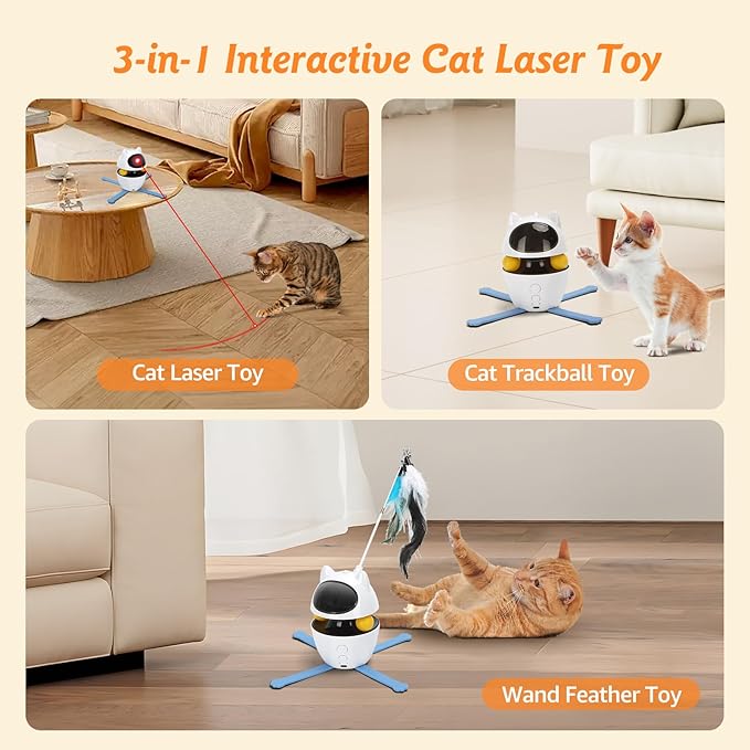 Nobleza 3-in-1 Cat Laser Toy with Feather Trackball, Rechargeable Pet Interactive Pointer Red Light Game, 3 Modes Random Trajectory Motion Activated Boredom Buster for Cat Self Play Home Indoor-Mewly Pet