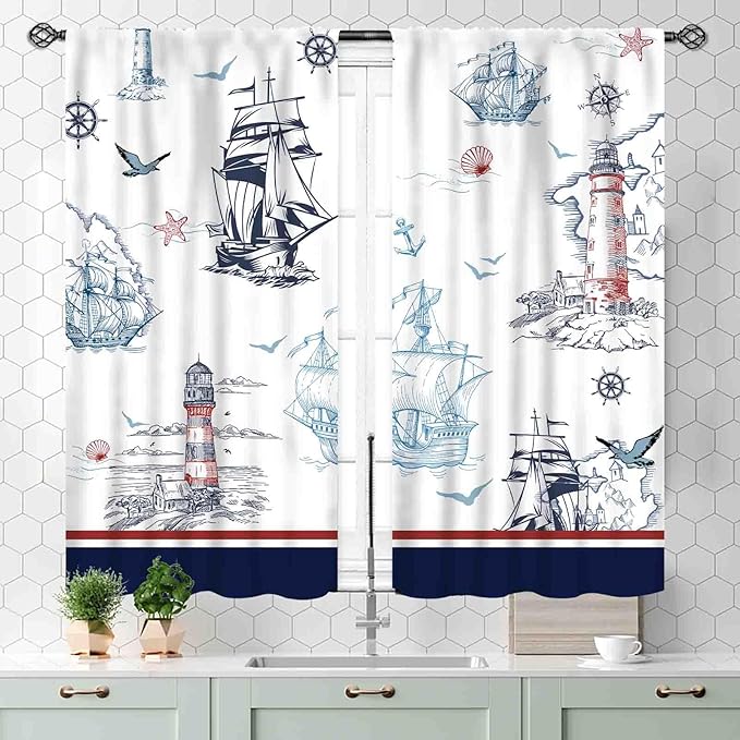 Nautical Curtains, Vintage Marine Coastal Sailboat Compass Anchor Ocean Beach Lighthouse Watercolor Blue Decorative Drapes for Bedroom Living Room Kitchen Bathroom Window 2 Panels, 55x39 Inch