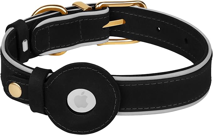 OOPSDOGGY Reflective Geniune Leather Airtag Dog Collar Soft Padded Collars for Small Medium Large Breed Dogs Puppy, 4 Sizes, 7 Colors (Black, XLarge, 19"-24")-Mewly Pet