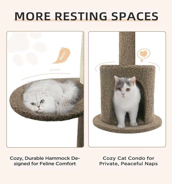 Made4Pets Floor to Ceiling Cat Tree 93-106'',Tall Cat Tower 5 Tiers, Adjustable Height, Stable Cat Tree Tower with Scratching Posts, Fluffy Condo, Hammock and Ball Toy for Indoor Cats/Kitten, Brown-Mewly Pet