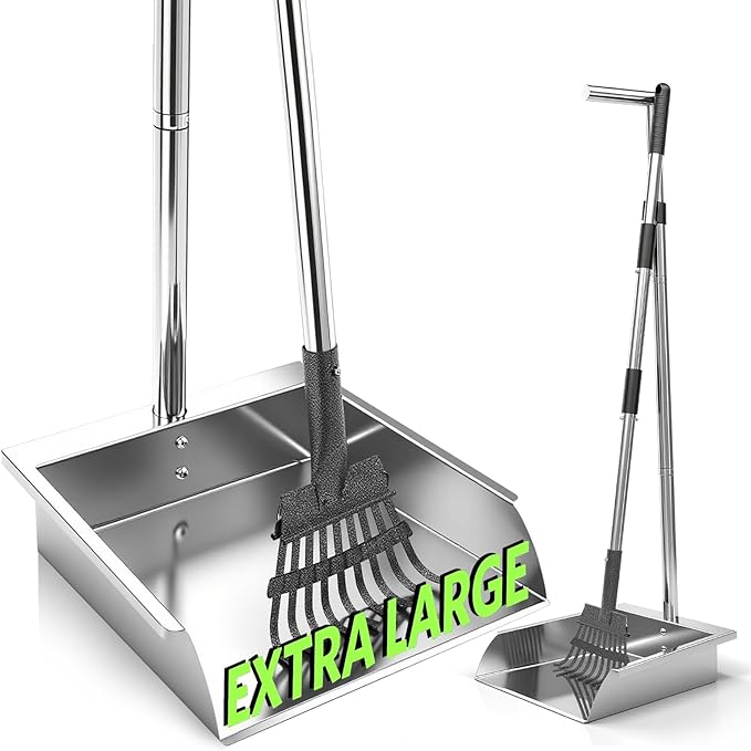 Heavy Duty Metal Pooper Scooper, Dog Pooper Scooper for Large Medium Dogs Long Handle Stainless Tray and Rake Set，Extremely Durable Metal Stainless Steel Dustpan for Indoor Outdoor Cleaning 。-Mewly Pet