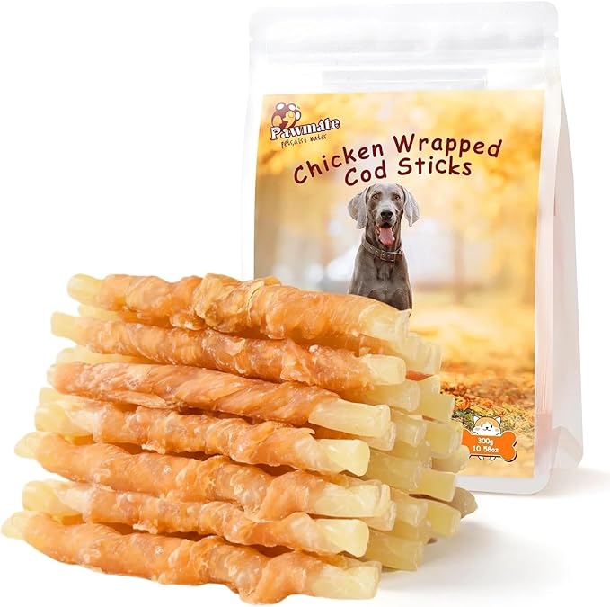 Dog Treats Chicken Wrapped Cod Sticks, Natural Chicken Cod Jerky Treats Rich in Omega-3, High Protein Chewy Training Treats Dog Snacks for Small Medium Large Dogs, 15-17 Counts, 10.6 oz-Mewly Pet