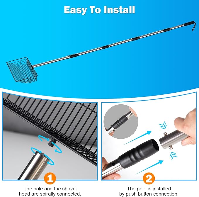 10inch Large Metal Chicken Poop Scooper,32 to 67" Adjustable Long Chicken Coop Litter Scoop,Heavy Duty Sifting Shovel for Chicken Coop & Pet Waste Cleaning-Mewly Pet