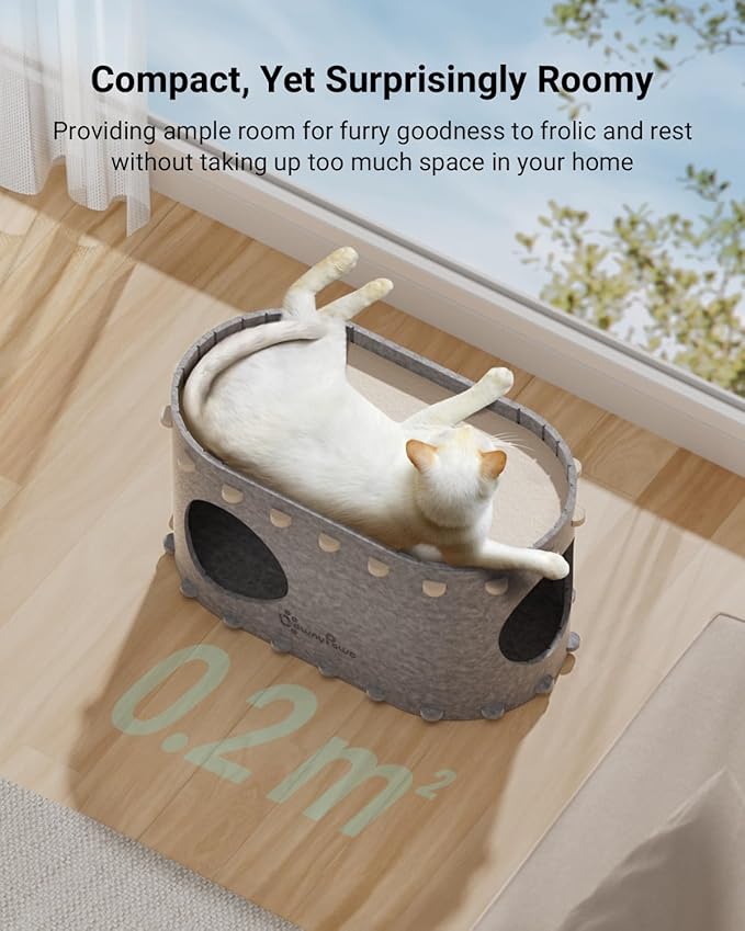 DownyPaws Cat House for Indoor Cats, Cat Bed Cave for Multiple & Large Cats Up to 22 Lbs, Scratch Resistant, Foldable Peekaboo Kitten Caves Tunnel Enclosed Bed, PeekaPurr, Light Gray-Mewly Pet
