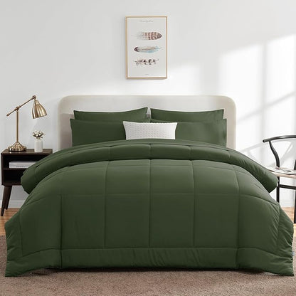 CozyLux Full Size Comforter Sets Olive Green, 7 Pieces Bed in a Bag, Green Comforter Full Size, All Season Bedding Sets with Stitch Quilted Comforter, Flat Sheet, Fitted Sheet, Pillowcases