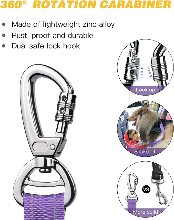AUBELL Dog Seat Belt for Car,Updated 3-in-1 Adjustable Reflective Bungee Heavy Duty Dog Car Harness Tether with Clip Hook Latch & Buckle,Swivel Zinc Alloy Carabiner,Purple-Mewly Pet