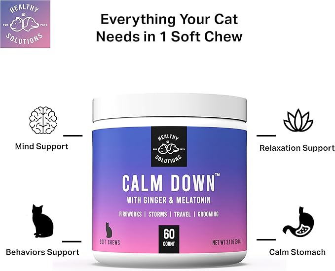 Calming Chews for Cats - Cat Calming Treats for Anxiety, Stress Relief Aid, Storms, Grooming, Fireworks, Separation, Travel, & Motion Sickness - Made in USA (60 Soft Chews- Cat)-Mewly Pet