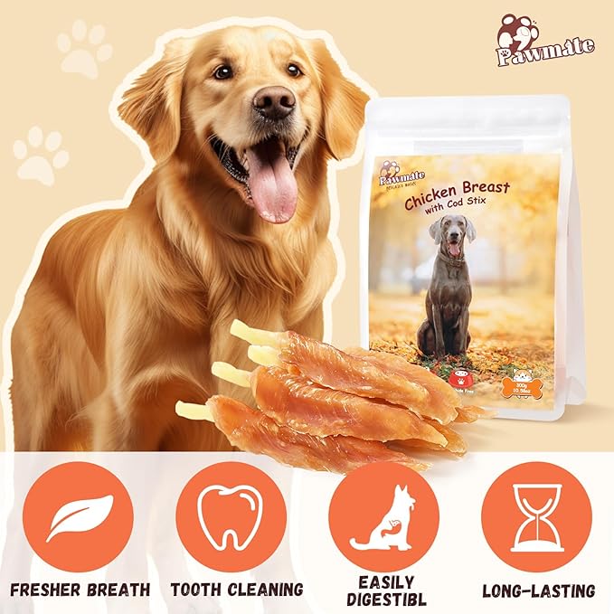 Dog Treats Chicken Tender Wrapped Cod Sticks, Rawhide-Free High Protein Dog Jerky Soft Chews, Healthy Training Snacks for Small Medium Large Dogs, 9-10 Counts, 10.6 oz-Mewly Pet