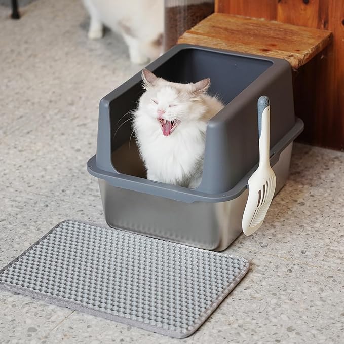 Stainless Steel cat Litter Box, Covered Metal Litter Box, cat Litter Pans with high Sides, Kitty Litter Boxes for Indoor Cats (Non Sticky, Easy to Clean, Anti-Urine Leakage) 17.5" L x 13.5" W x 6" H-Mewly Pet