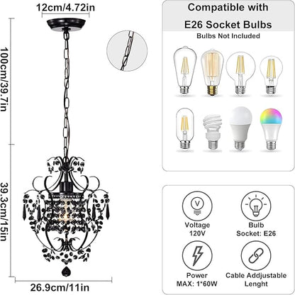 Black Chandelier Small Crystal Chandelier Lighting Modern Mini Hanging Light Fixtures with 1 Light