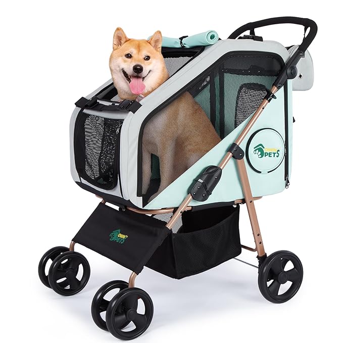 Ownpets Pet Stroller with Upgraded 4 Wheels, Foldable Dog Stroller for Medium Dogs and Cats Up to 66lbs, Detachable Carrier for Car Seat, with Storage Organizer, Cup Holder-Mewly Pet