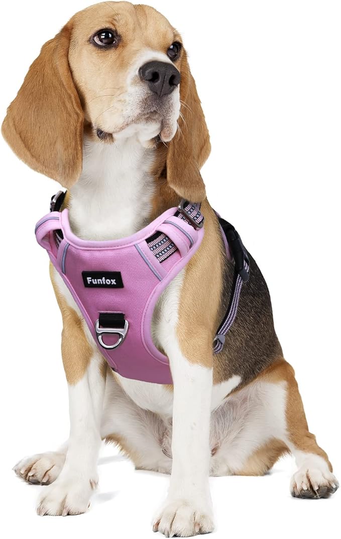 Funfox Dog Harness No Pull, Adjustable Pet Vest Harness, Super Soft Material with Vertical Handle Easy Control, Reflective Night Walking, 2 Leash Clips for Medium Sized Dogs, Pink, M-Mewly Pet