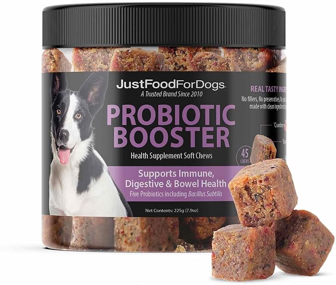 JustFoodForDogs Probiotic Booster Gut Health Soft Chews Supplement for Dogs, Digestive Health Support, Diarrhea, Human Grade Ingredients - 45 Count-Mewly Pet