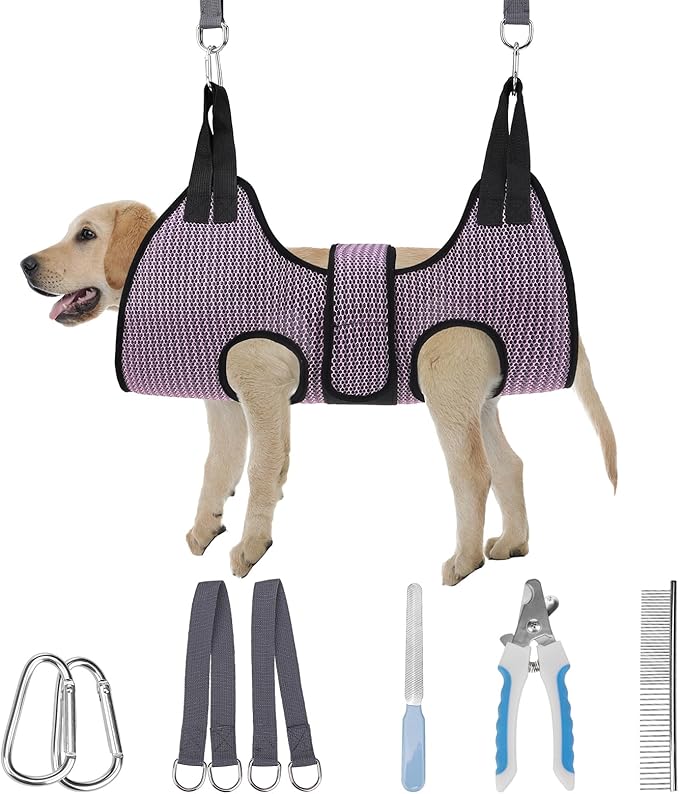 PAWCHIE Dog Grooming Hammock Harness for Dogs & Cats with Pet Nail Clipper Trimmer- Breathable Cat Hanger Sling for Trimming Clipping Nails-Dog Hammock Restraint Bag for Small Medium Large Dog, Pink M-Mewly Pet