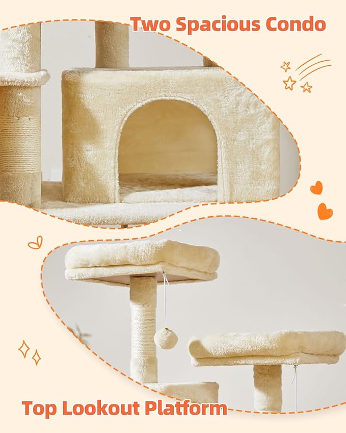 Taoqimiao Cat Tree, 66.2-Inch Cat Tower for Indoor Cats, Plush Multi-Level Cat Condo with 7 Scratching Posts, 2 Perches, 2 Caves, Hammock, 2 Pompoms, Beige MS013M-Mewly Pet