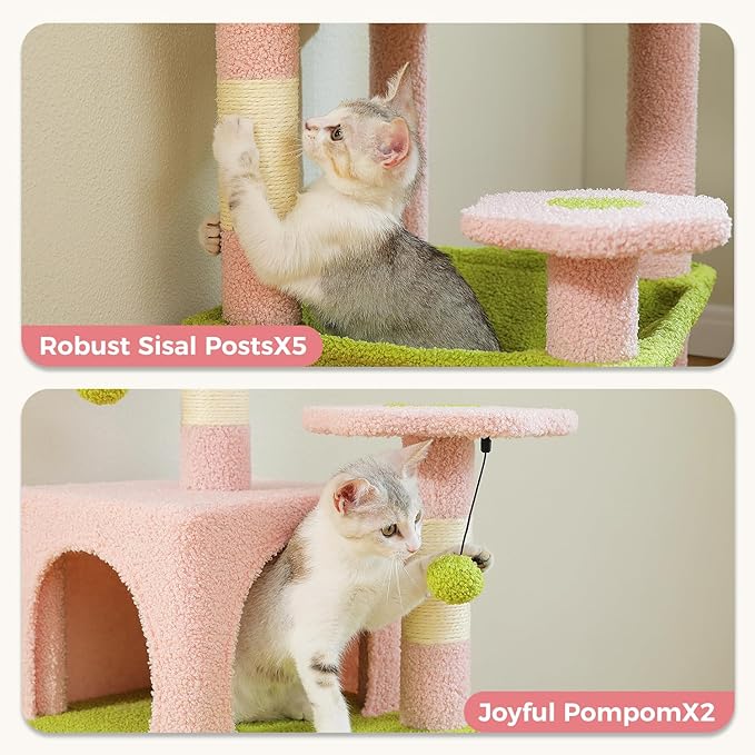 PAWZ Road Cat Tree, 53.5 Inches Tall Cat Tower with Spacious Hammocks, Condos and Scratching Posts, Cat House with Dual Padded Perches for Indoor Large Cats-Pink-Mewly Pet