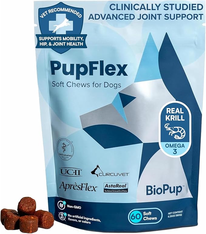 PupFlex+ Hip and Joint Supplement Dogs, Vet Created Soft Chews with UC-II® Collagen for Dogs, CurcuVET® & Omega 3, Proven More Effective Than Glucosamine Chondroitin, Dog Joint Supplement (60 ct)-Mewly Pet