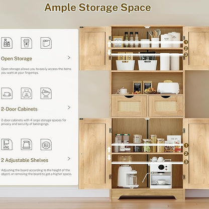 Iwell Tall Storage Cabinet with 2 Drawers & Adjustable Shelves, Rattan Cabinet, Kitchen Storage Cabinet, Pantry Cabinet with 4 Doors, Tall Cabinet for Living Room, Kitchen, Home Office, Natural