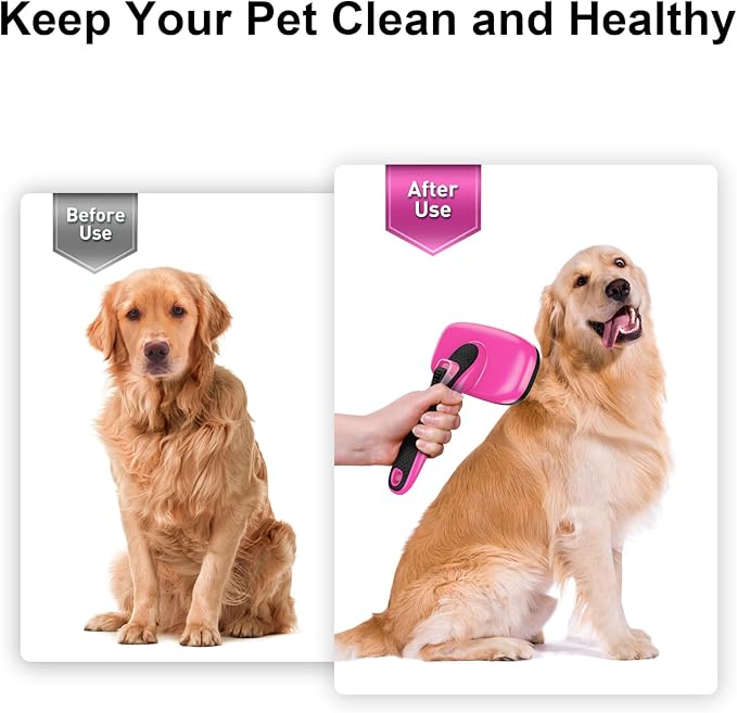 Self Cleaning Slicker Brush for Shedding Long Short Haired Dogs & Cats, Remove Loose Tangling Knot Undercoat Fur Mats, Grooming Brush with Retractable Bristles for Small Medium Large Pet, Pink-Mewly Pet