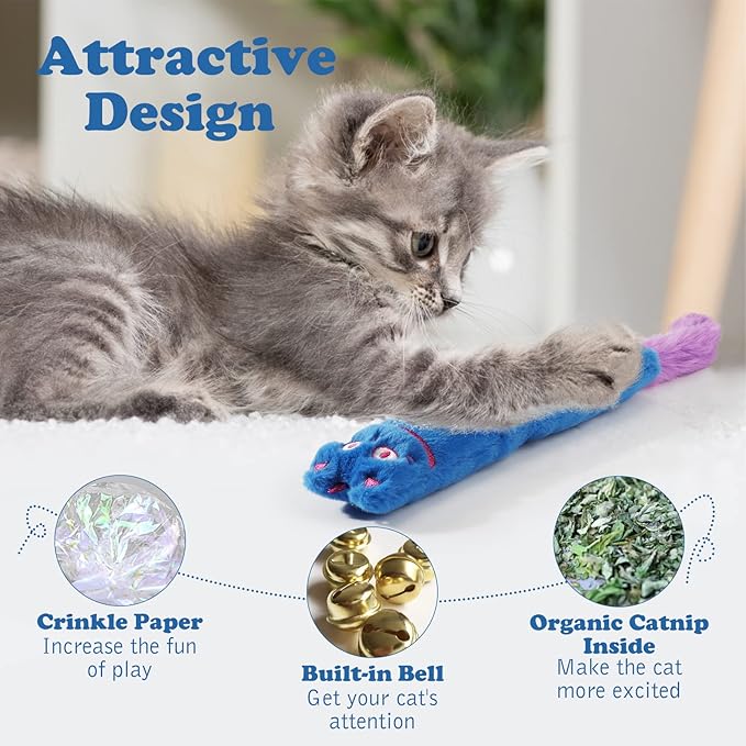Pawaboo Cat Toys, 2 Pack Catnip Toys with Bell and Crinkle Paper, Soft and Durable Kitten Toys, Interactive Cat Toys for Indoor Cats, Cat Plush Kicker Toys for Kittens Kitty, Cute Cat Stuff-Mewly Pet