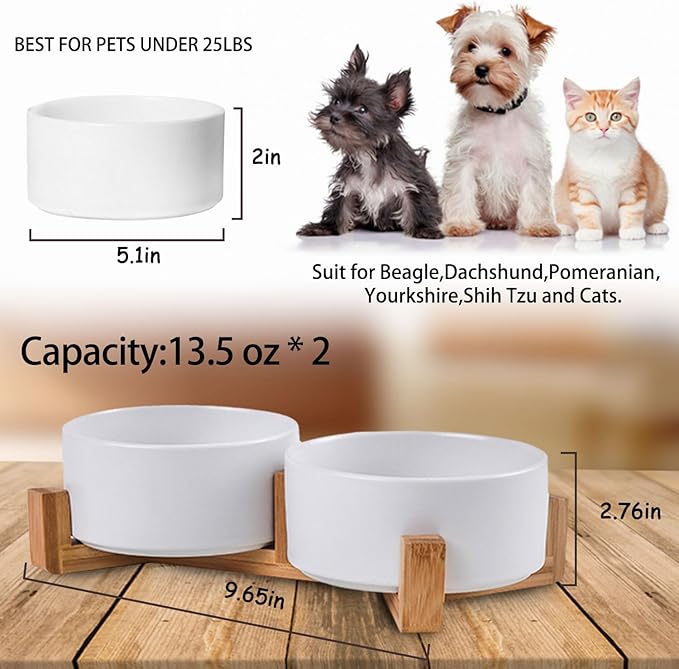 Petygooing Dog Bowls,White Ceramic Cat Dog Bowl Set with Wood Stand for Food and Water Feeder, Modern Pet Dish Set for Cats and Small Size Dogs Puppy (13.5OZ/5.1 in)-Mewly Pet