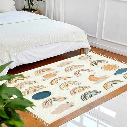 Boho Rug Hand Drawn Cute Rainbows Moon Sun Scandinavian Chic Area Washable Hallway Runner Meditation Mat Minimalist Home Decor for Living Room Bedroom Nursery Playroom Classroom, 3'x5