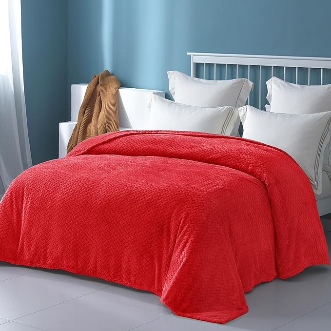 Exclusivo Mezcla Fleece Twin Size Blanket for Bed, 90x66 Inches Soft Cozy Jacquard Flannel Blankets, Lightweight Fuzzy Plush Warm for Winter, Red