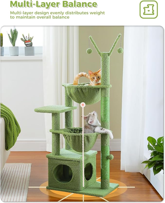 Cactus Cat Tree, 47.6" Cat Tower with 2 Metal Frame Hammock, Cat Scratching Post for Indoor Cats with 2 Removable Pompom Sticks for Kittens, Green-Mewly Pet
