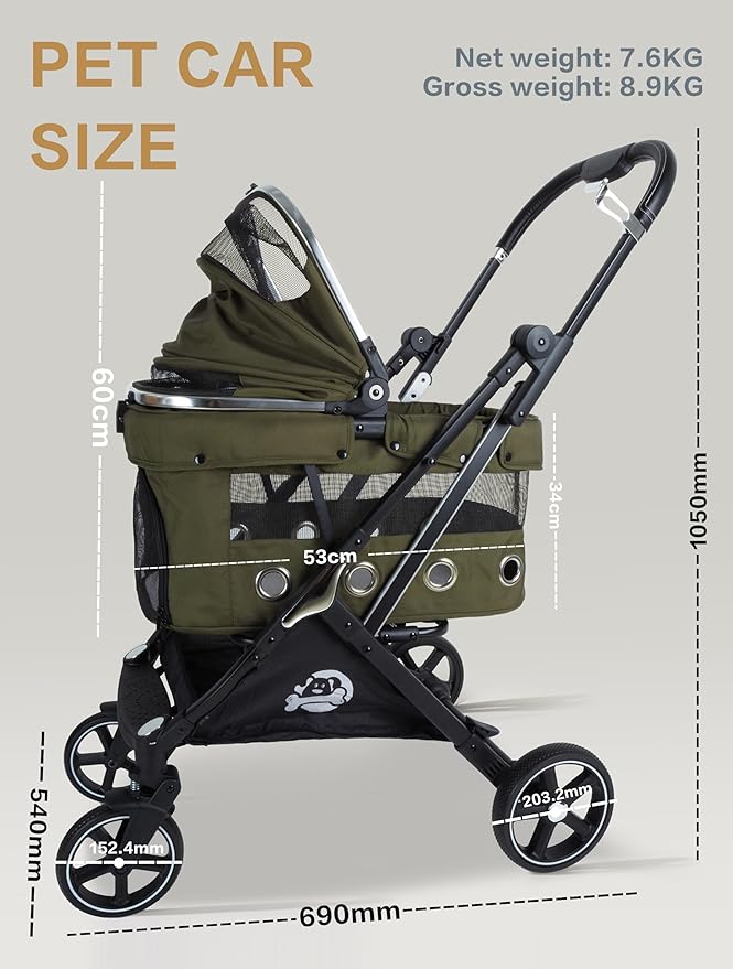 JK Pawadore 4 Wheels Pet Stroller Best Lightweight Foldable Portable Secure Easy Lock NO-Zip 180 ̊ Canopy Sun Shades Waterproof for Small/Medium Dogs 33lbs with Large Storage Basket (Army Green)-Mewly Pet
