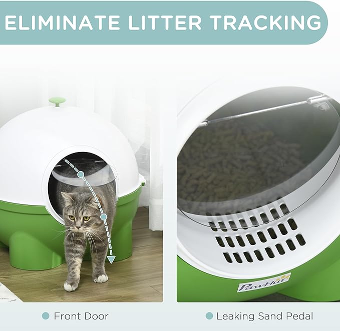 PawHut Hooded Cat Litter Box, Large Kitty Litter Pan with Lid, Scoop, Leaking Sand Pedal, Top Handle, Dark Green-Mewly Pet