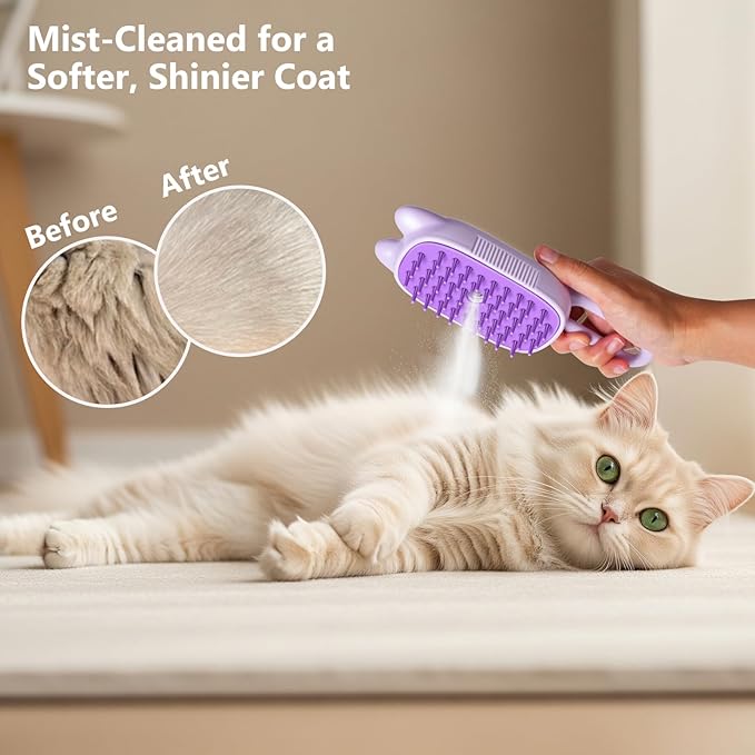Rechargeable Cat Steam Brush with Mist Spray, 3-in-1 Pet Steam Brush for Long and Short Haired Cats and Small Dogs, Anti-Static, De-Shedding, Detangling, Massage, Purple Cat Design-Mewly Pet