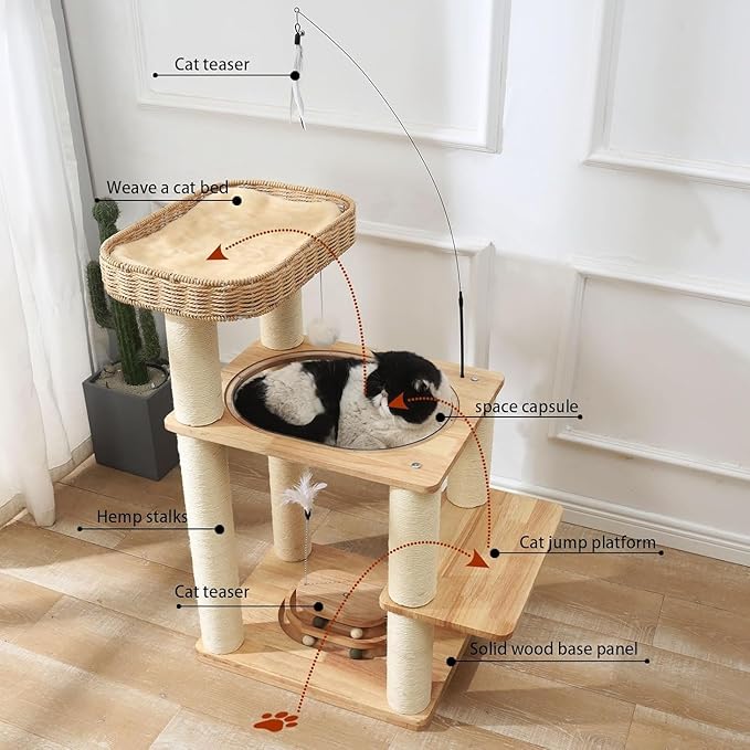 34 Inch Solid Wood Cat Tree Tower with Space Capsule, Hand-Woven Basket Nest, Feather Toy, Hanging Balls, Sisal Posts, 4-Tier Indoor Climbing Cat Tower for Kittens-Mewly Pet
