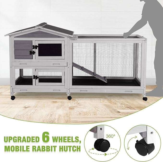 GUTINNEEN Rabbit Hutch Indoor with Chew-Proof Ramp, 62" L Wooden Rabbit Cage with 6 Casters, Bunny Cage with 2 Trays and 2 Story for Small to Medium Animals (Gray)-Mewly Pet