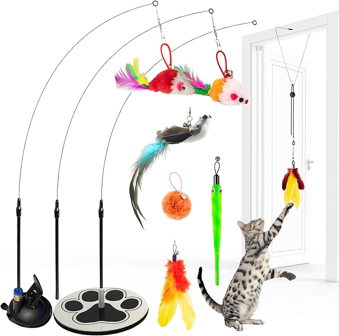 Interactive Cat Toys for Indoor Cats Suction Cup Cat Toys for Indoor Cats Bird Hunting Slefplay Simulation for Kitten Flying Bird Toy Feather Wand Attachments-Mewly Pet