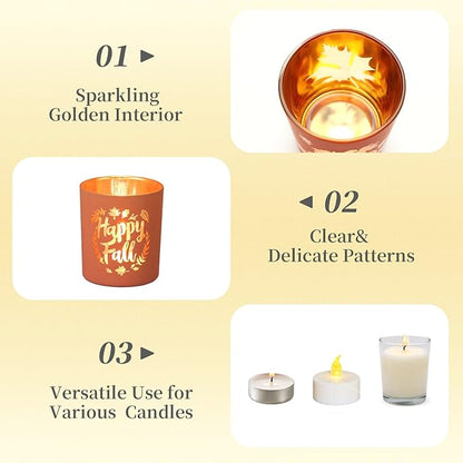 Hewory Thanksgiving Votive Candle Holders: Fall Glass Tea Light Candle Holder Set of 12, Thanksgiving Table Decorations Centerpieces for Dinner Table Fireplace Mantle Fall Decorations for Home Party