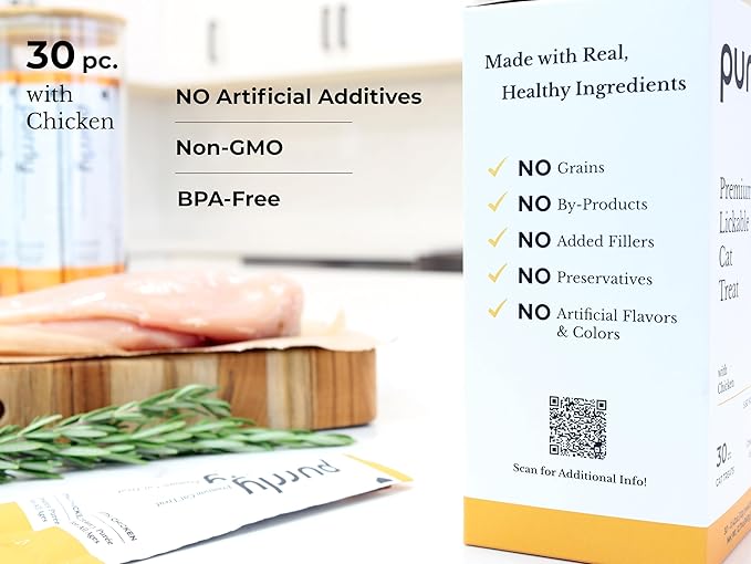 Purrly Lickable Wet Cat Treats Creamy Purée Human-Grade Chicken Breast with Prebiotic and Dietary Fiber for Digestive Health (30 Count) Non-Seafood Non-GMO No-Grains No-Artificial-Additives All Ages-Mewly Pet