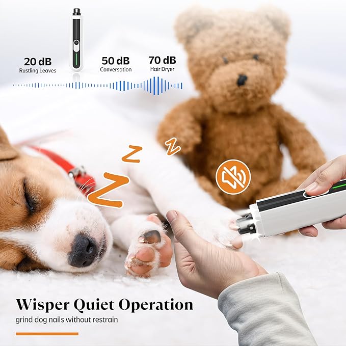 YABIFE 4-Lights Dog Nail Grinder, Easy Quick Locate Dog Nail Trimmers, for Puppy Paw Toenails or Pets from Small, Medium to Large, with Travel Lock, Whisper Quiet, Heavy Duty 3 Speeds-Mewly Pet