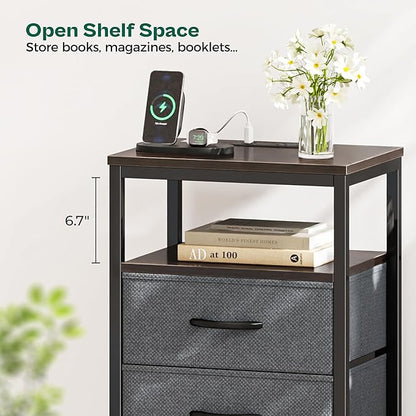 Huuger 5 Drawers Dresser with Charging Station, Dresser for Bedroom, Tall Night Stand, Chest of Drawers with Open Shelf, Bedside Table Nightstand, Fabric, for Entryway, Adult Only, Walnut