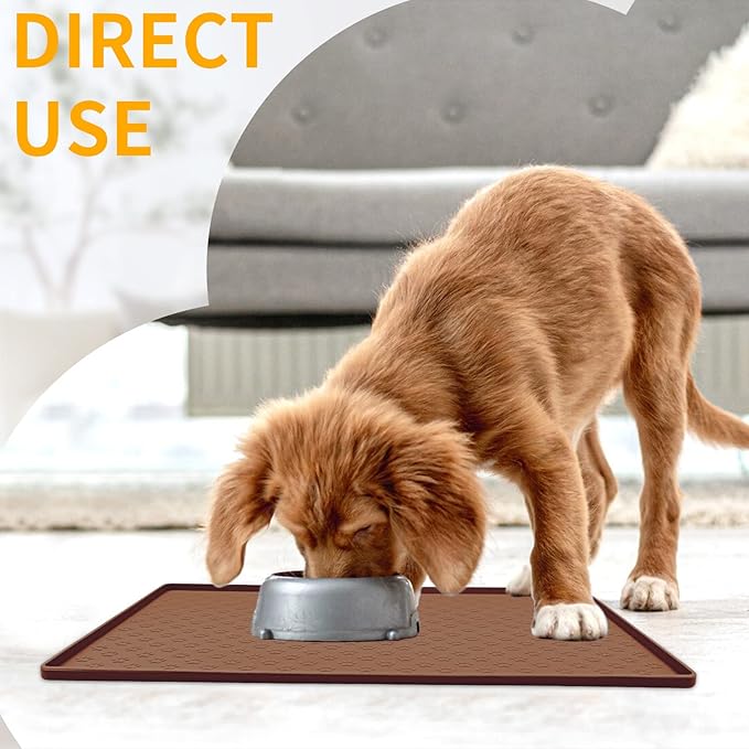 Ptlom Pet Placemat for Dog and Cat, Waterproof Silicone Pet Feeding Bowl Mats for Food and Water, Small Medium Large Dogs Mat Prevent Residues from Spilling to Floor, Brown, 11.8"x11.8"-Mewly Pet