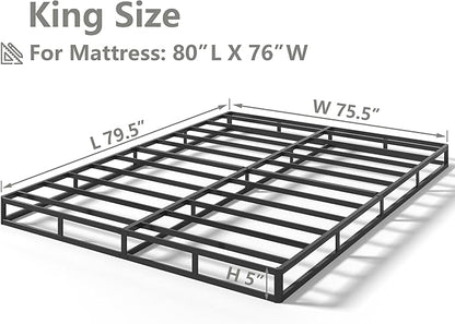 Qingzhou Box Spring King Bed Bases, 5 Inch High Metal King Size Box Spring Only, Heavy Duty Mattress Foundation with Fabric Cover, Easy Assembly, Quiet Noise Free, Non Slip, Black