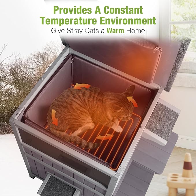 GUTINNEEN Outdoor Heated Cat House for Winter, Weatherproof Wooden Feral Cat Shelter with Escape Door, Heating Pad & Removable Mat(AIR14-Heated)-Mewly Pet