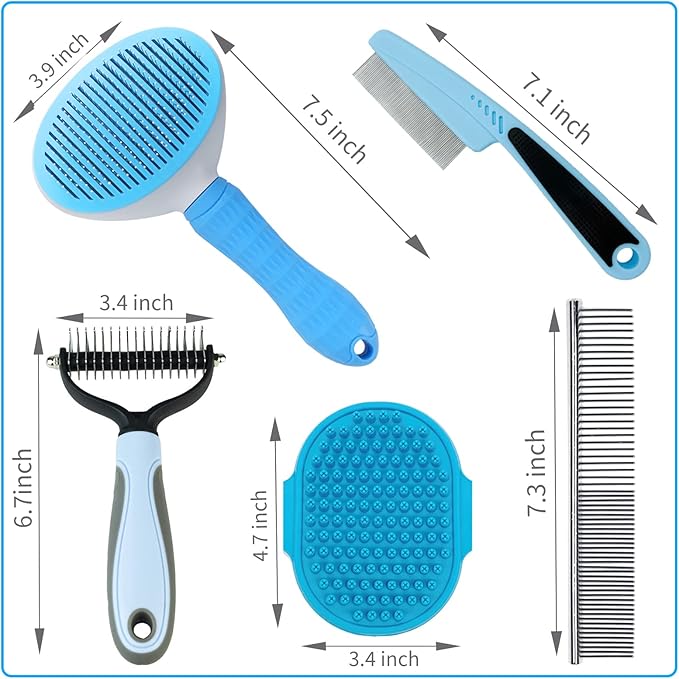 Dog Brush Grooming Kit 5PCS - Dog Brushes for Grooming, Dog Brush for Shedding,Puppy Brush and Flea Comb for Dogs, Slicker Brush Comb and Dog Hair Brush Set Blue-Mewly Pet